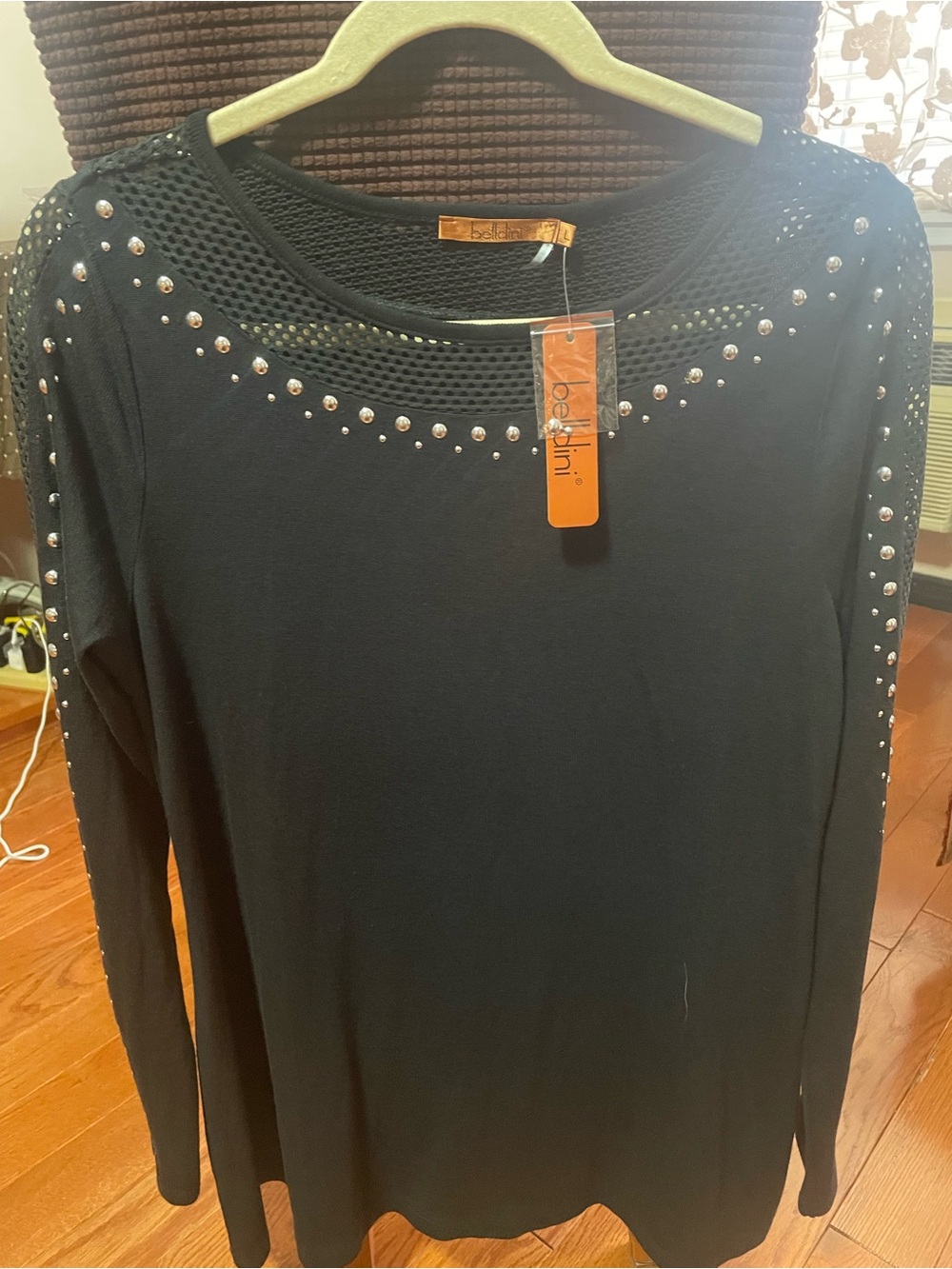 Belldini Black Long Sleeve Studded Mesh Yoke Tunic
